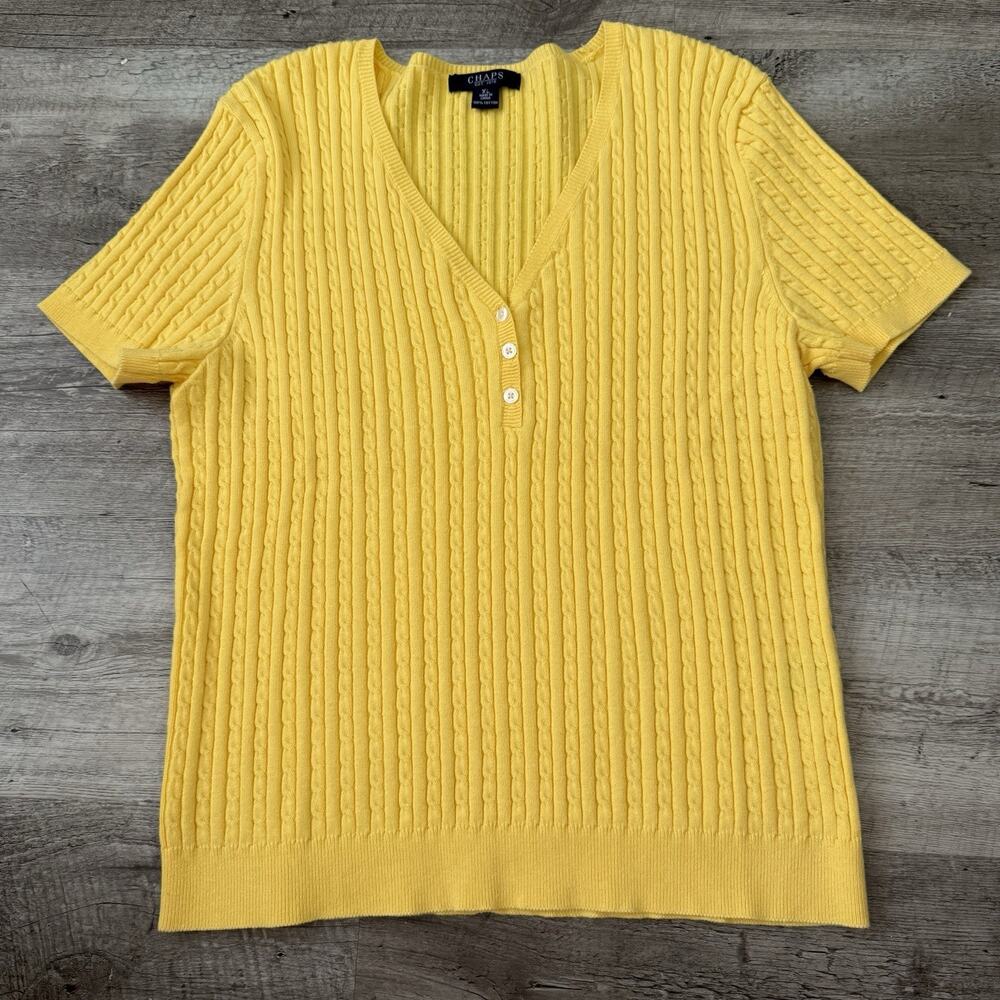 CHAPS Cable Knit Sweater Womens XL Yellow Short Sleeve V-Neck 100% Cotton
